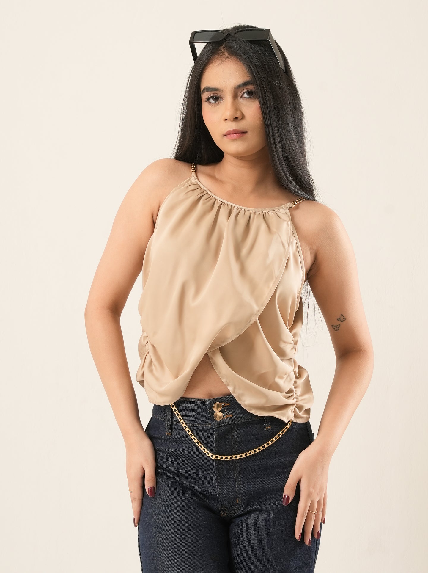 Mocha Satin Chain Strap Party Top