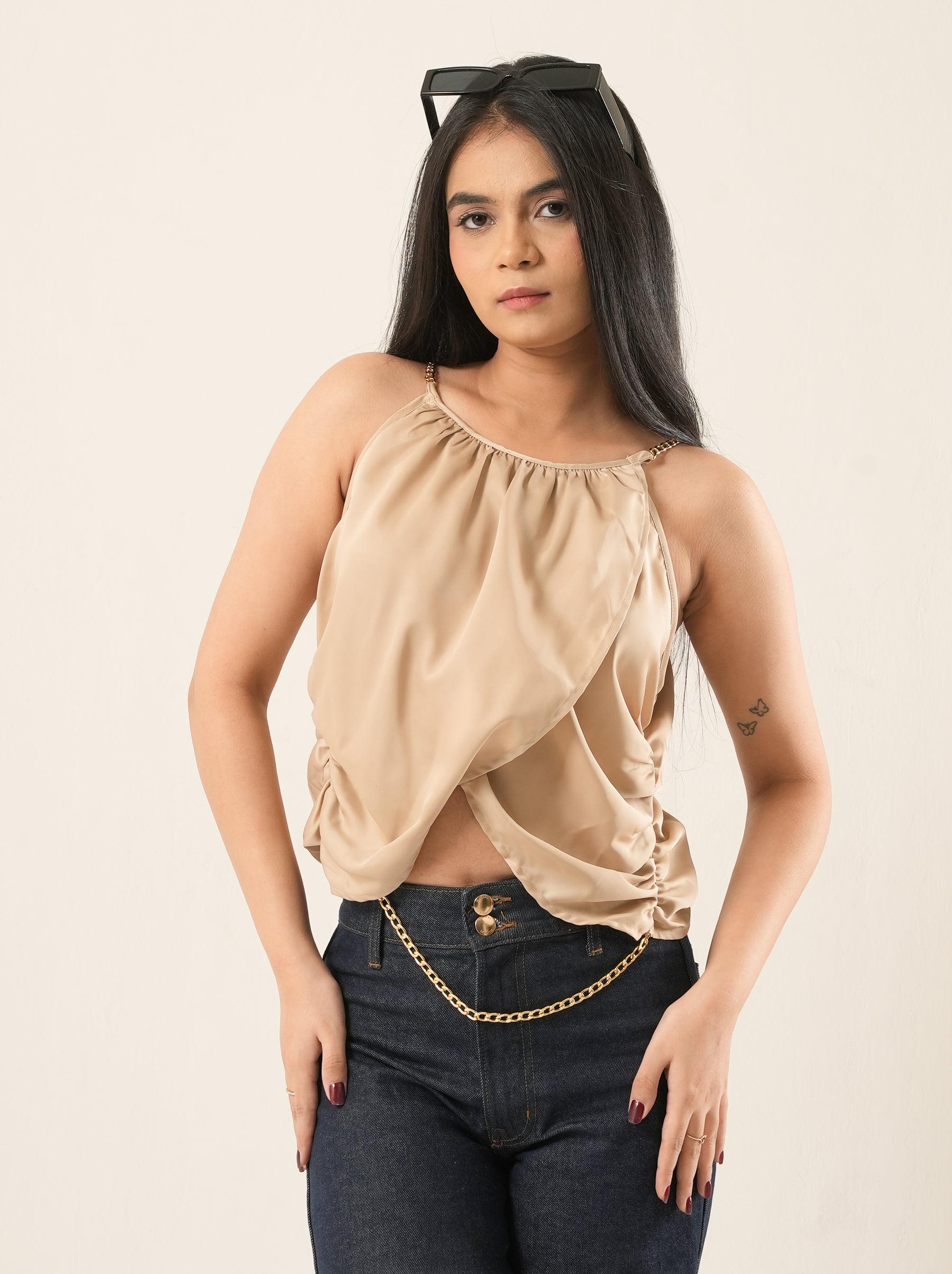 Mocha Satin Chain Strap Party Top