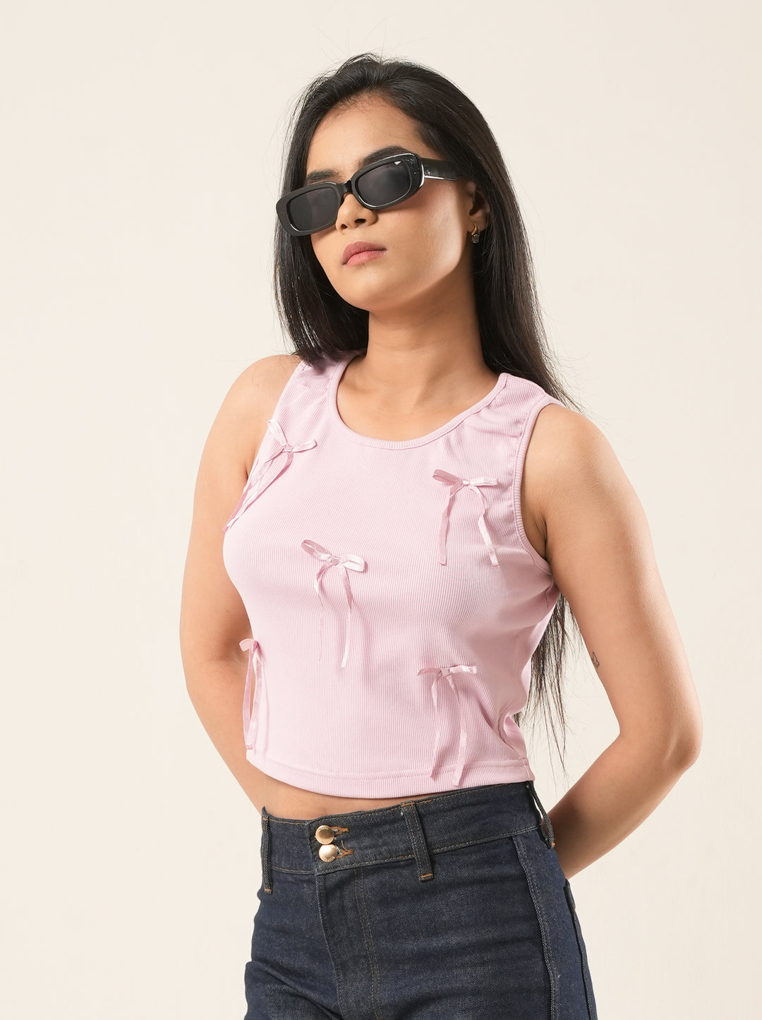 Blush Ribbed Bow  Crop Top