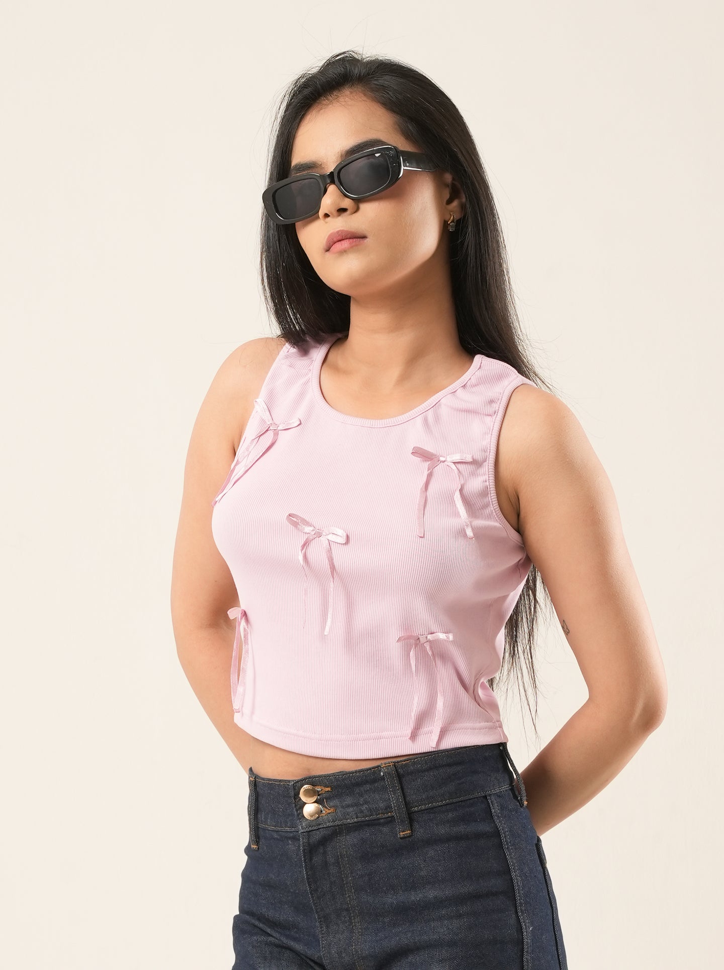 Blush Ribbed Bow  Crop Top