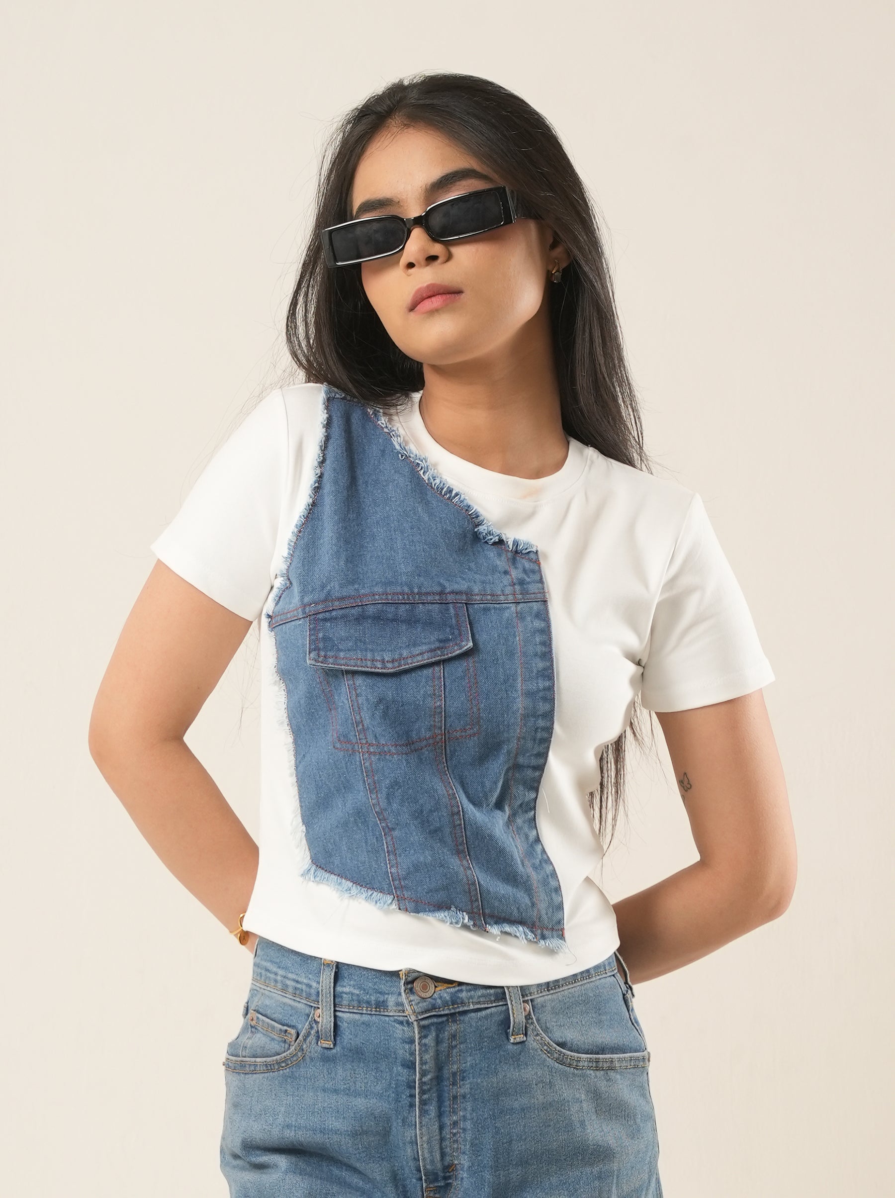 Contrast Denim Patch T-shirt