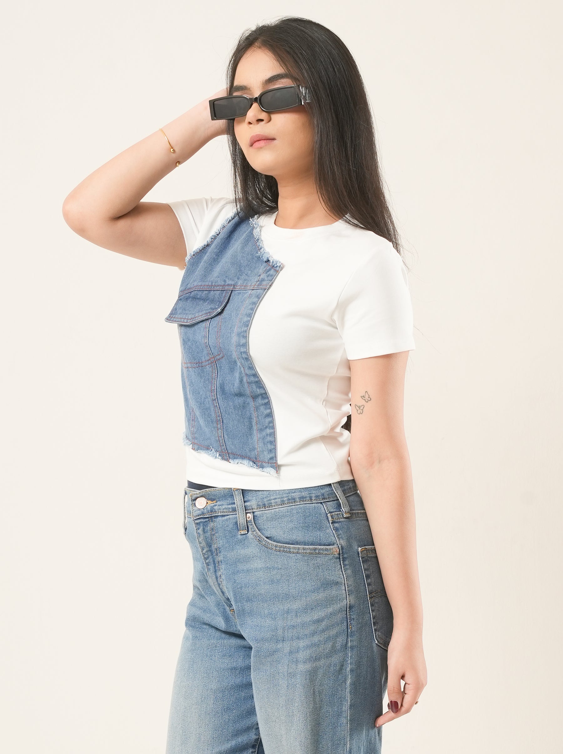 Contrast Denim Patch T-shirt