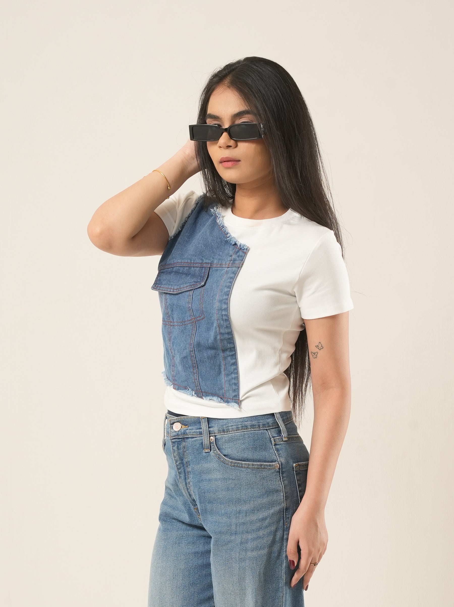 Contrast Denim Patch T-shirt