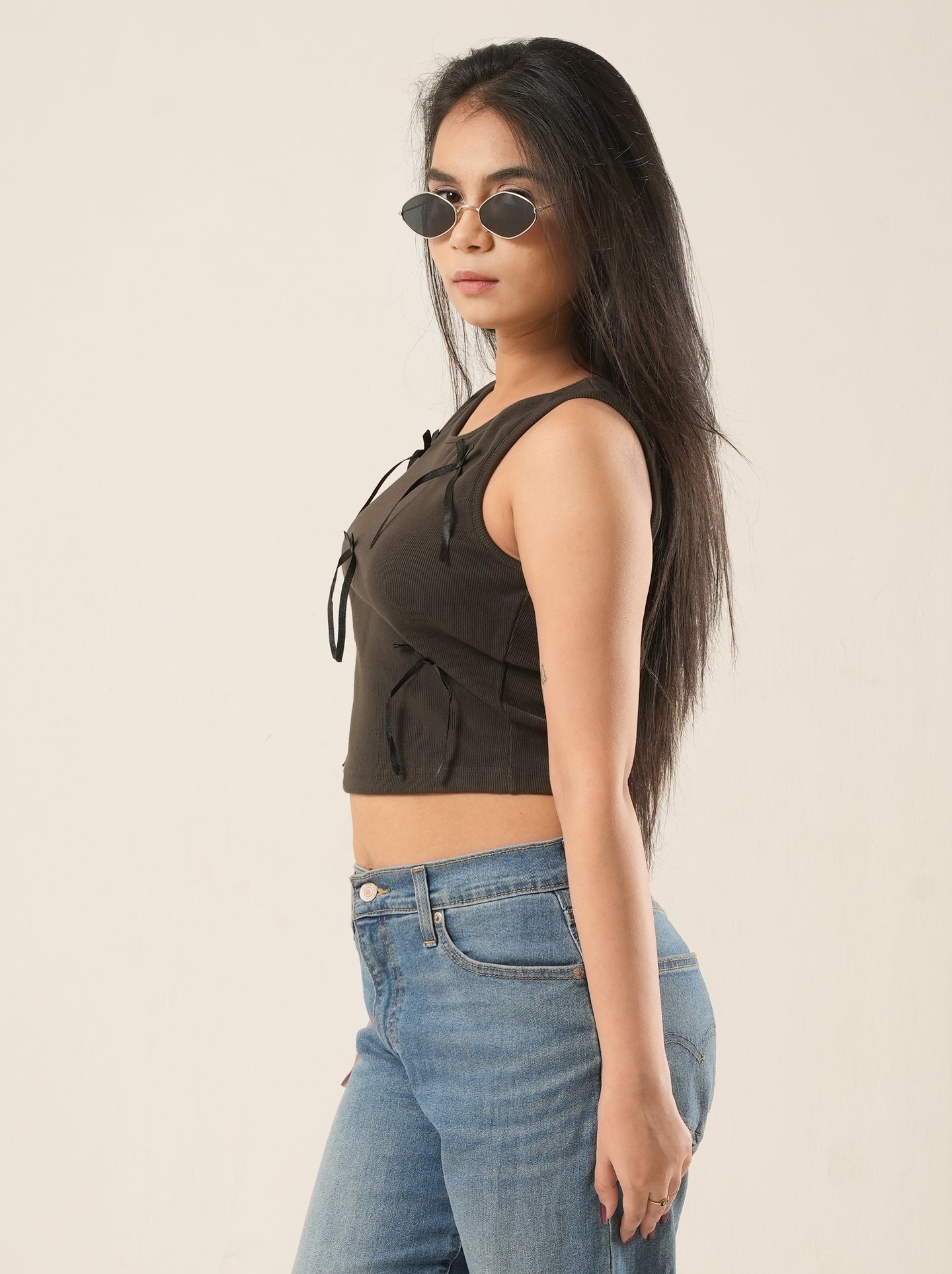 Moon Mist Ribbed Bow Crop Top