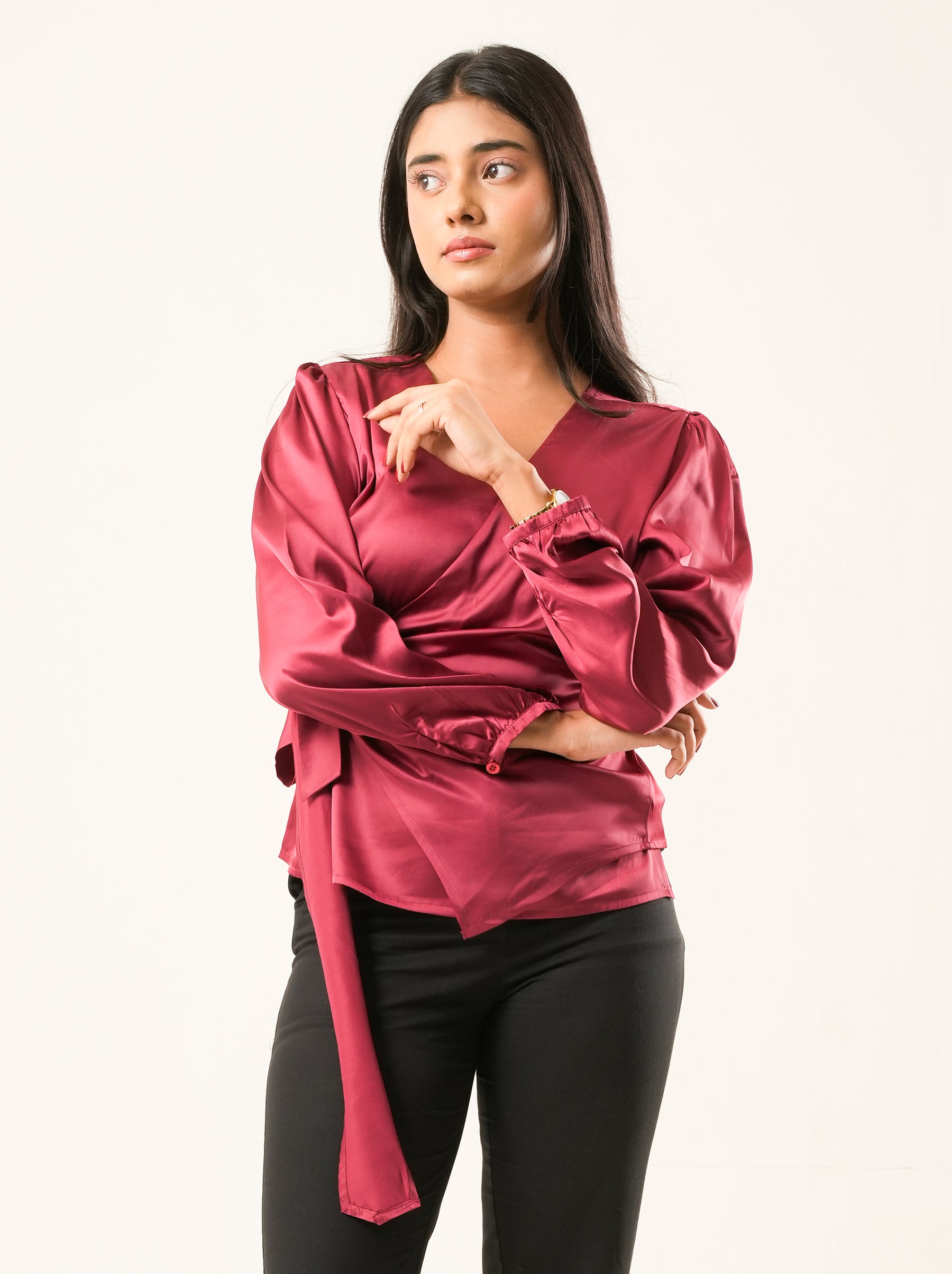 Cherry Satin Wrap Top