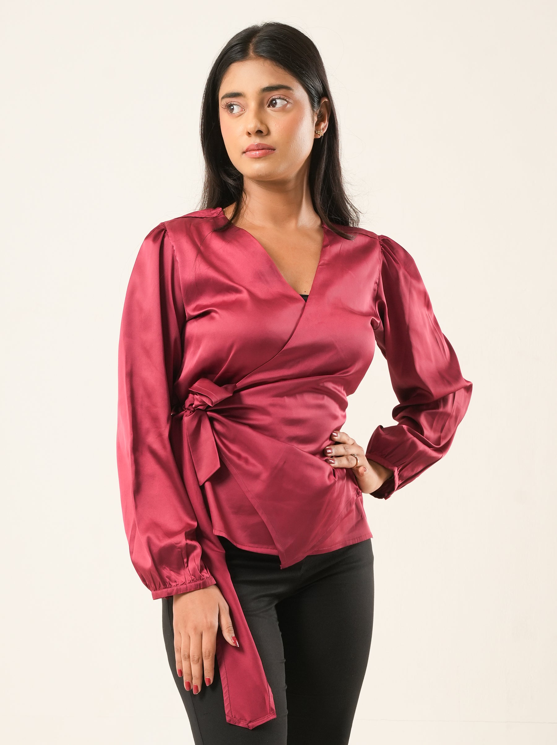 Cherry Satin Wrap Top