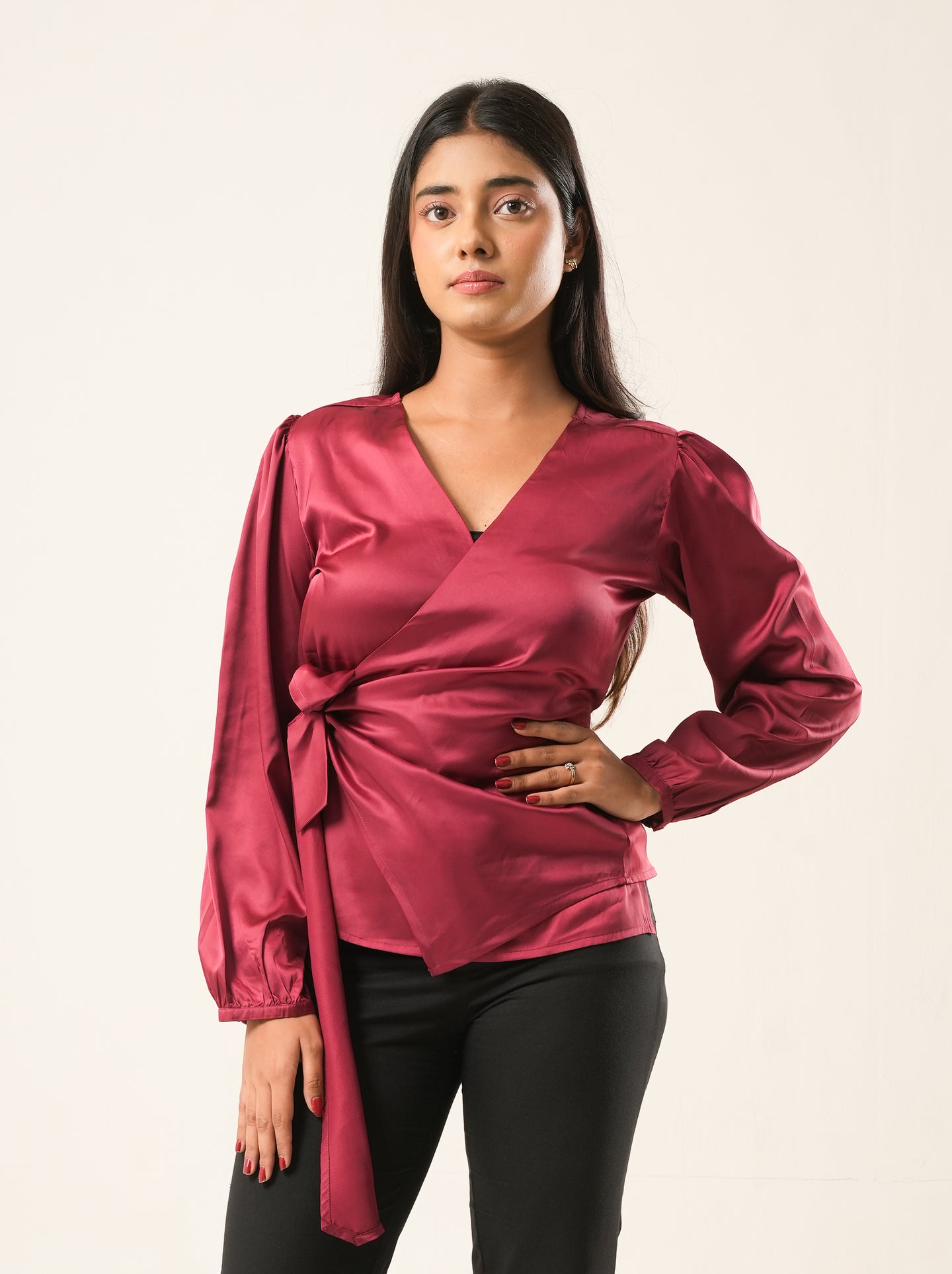 Cherry Satin Wrap Top