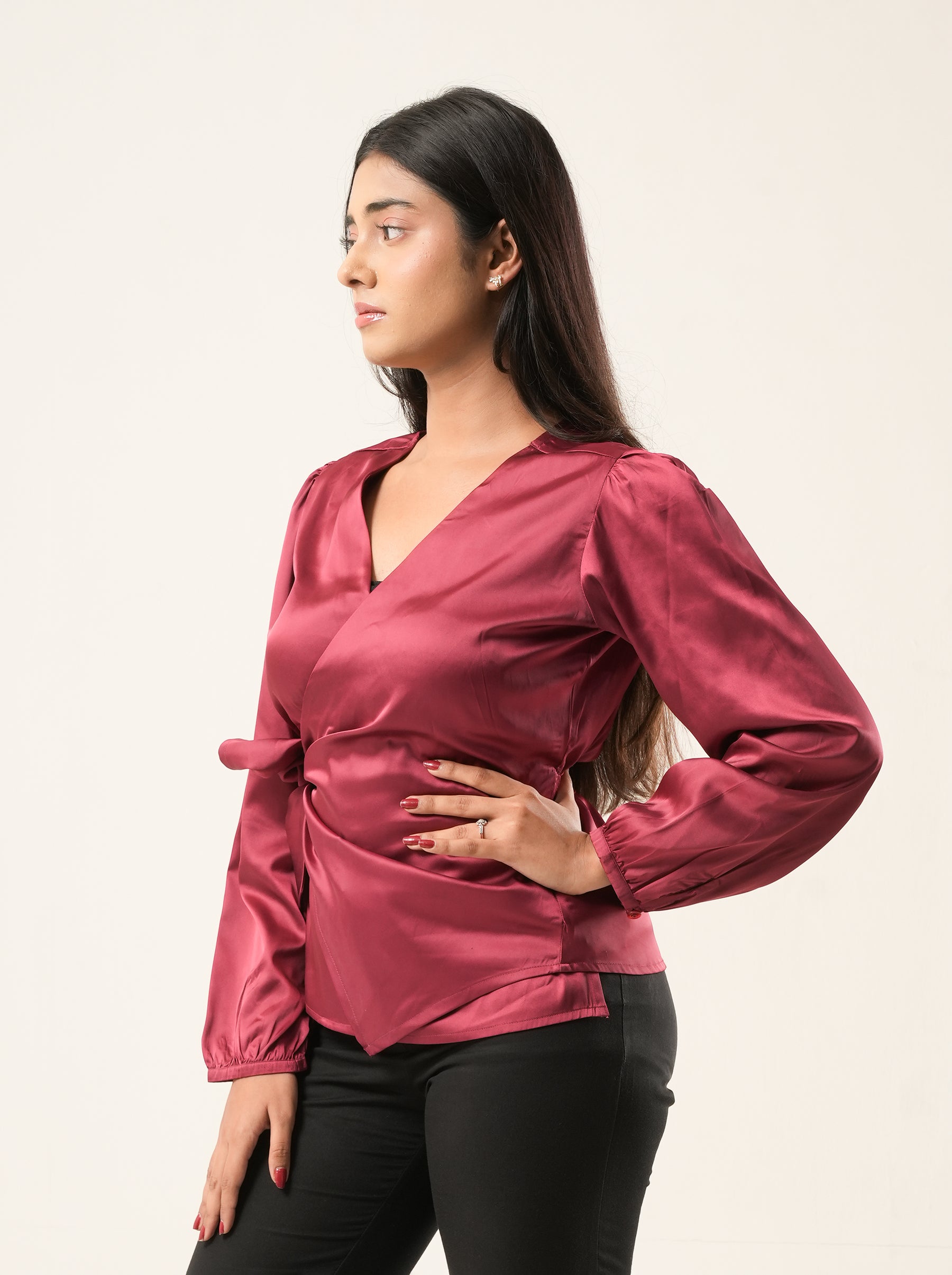 Cherry Satin Wrap Top