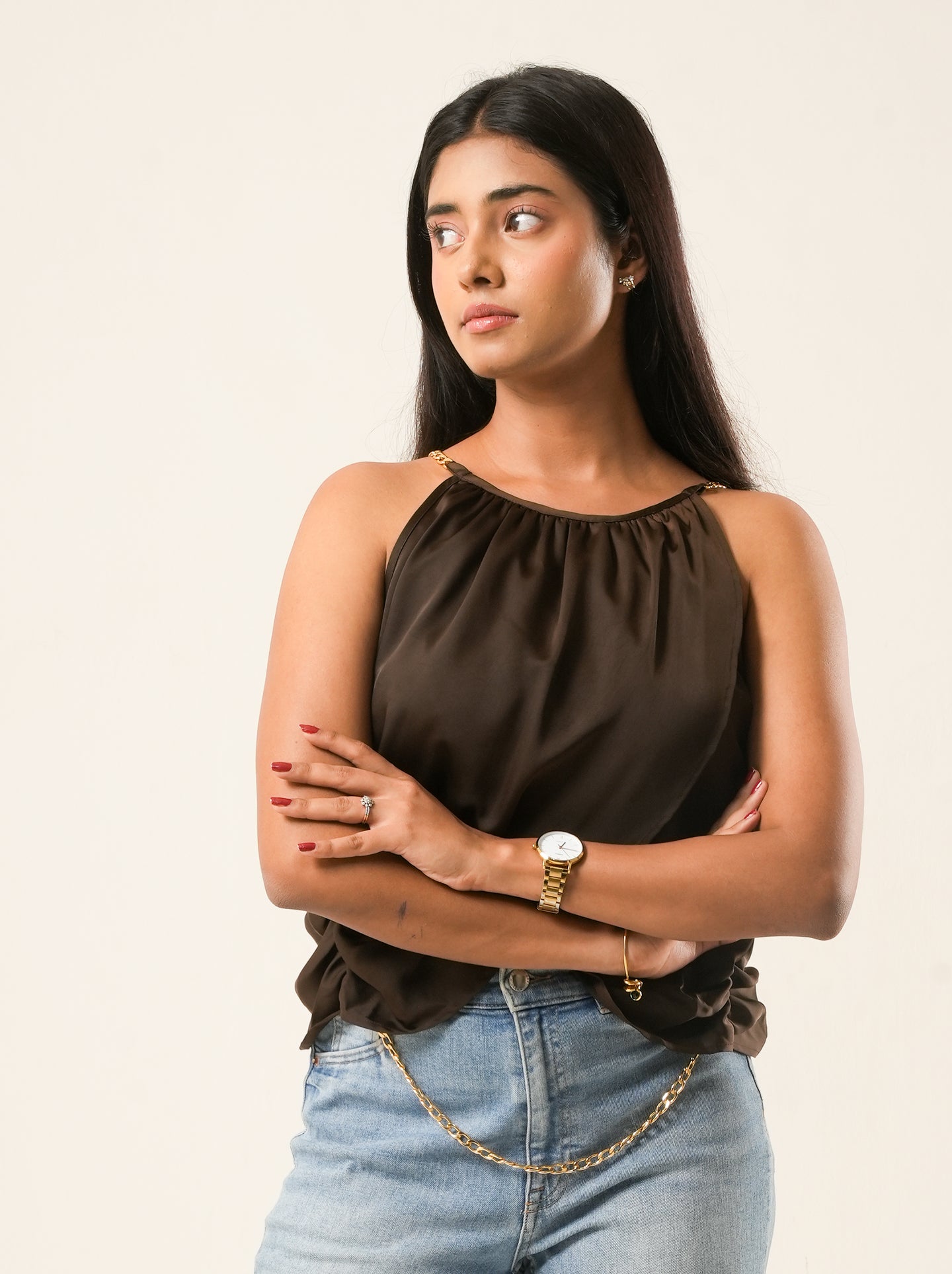 Espresso Satin Chain Strap Party Top