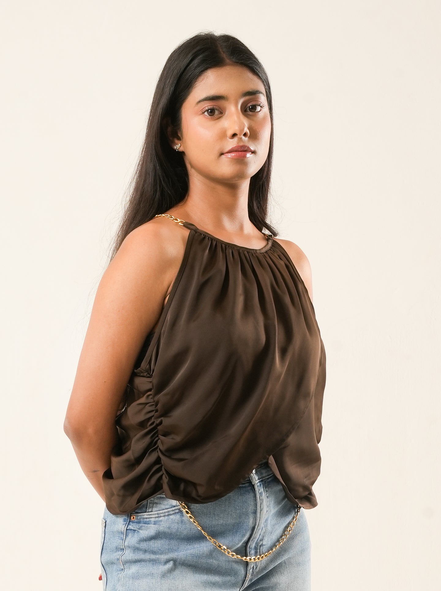 Espresso Satin Chain Strap Party Top