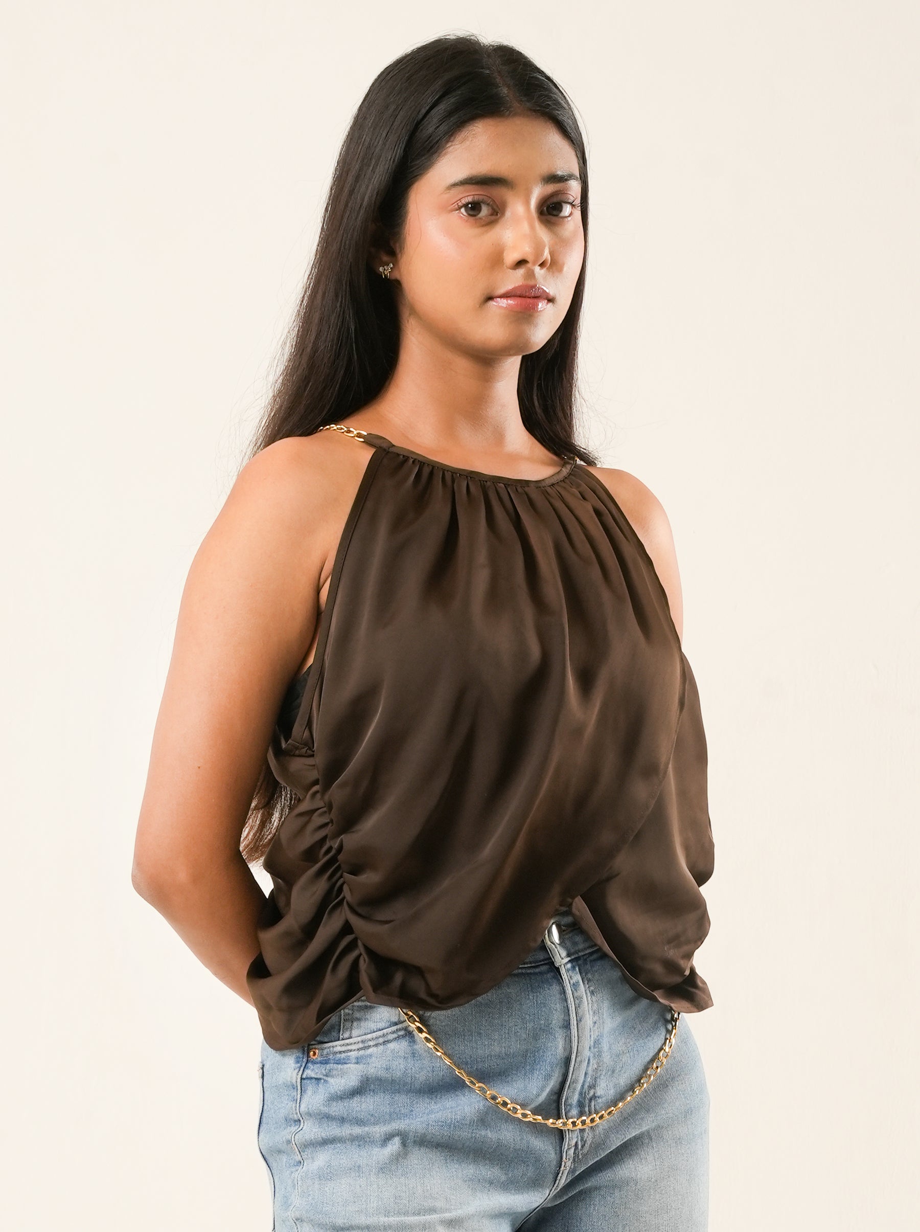 Espresso Satin Chain Strap Party Top