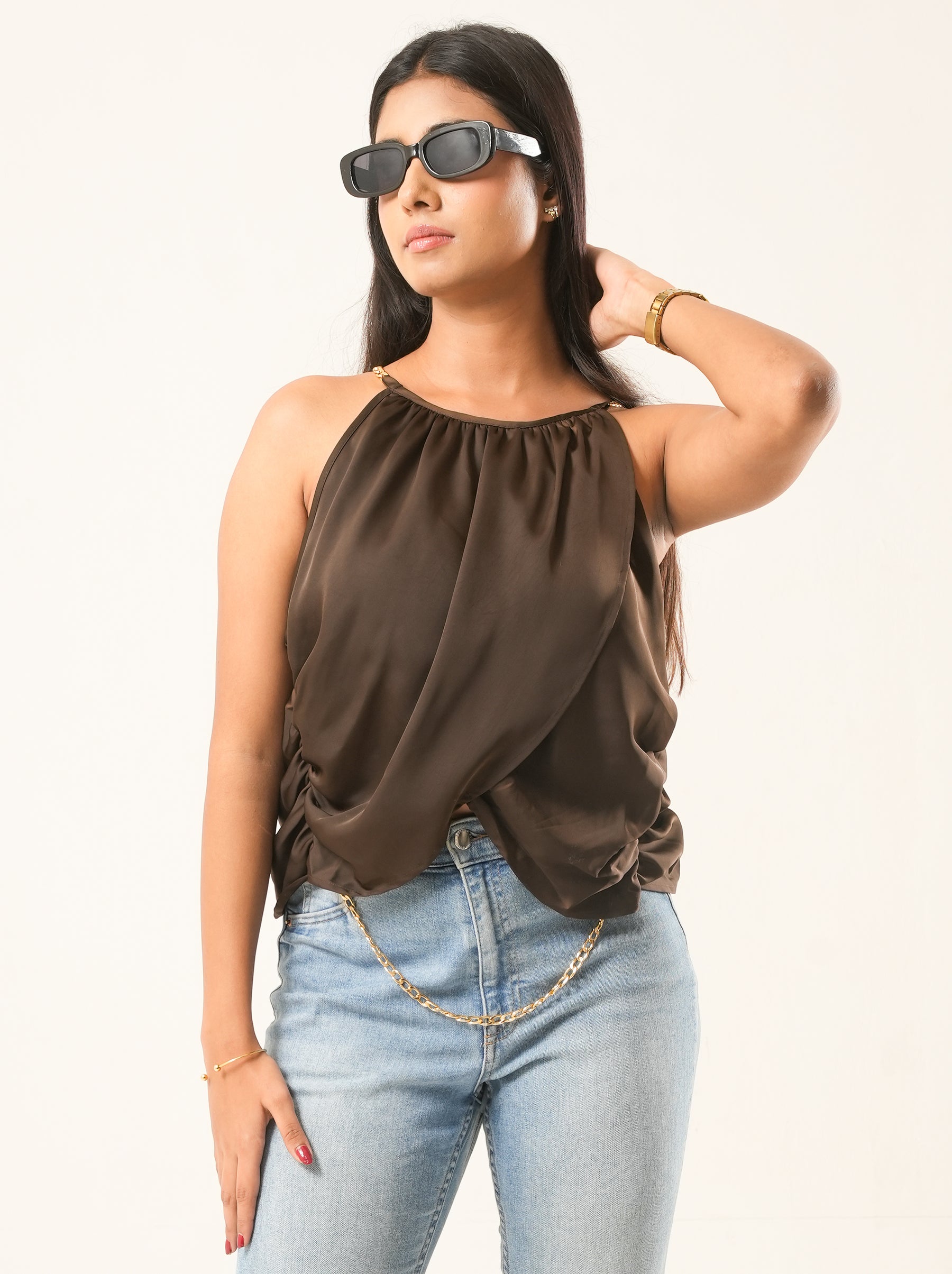 Espresso Satin Chain Strap Party Top