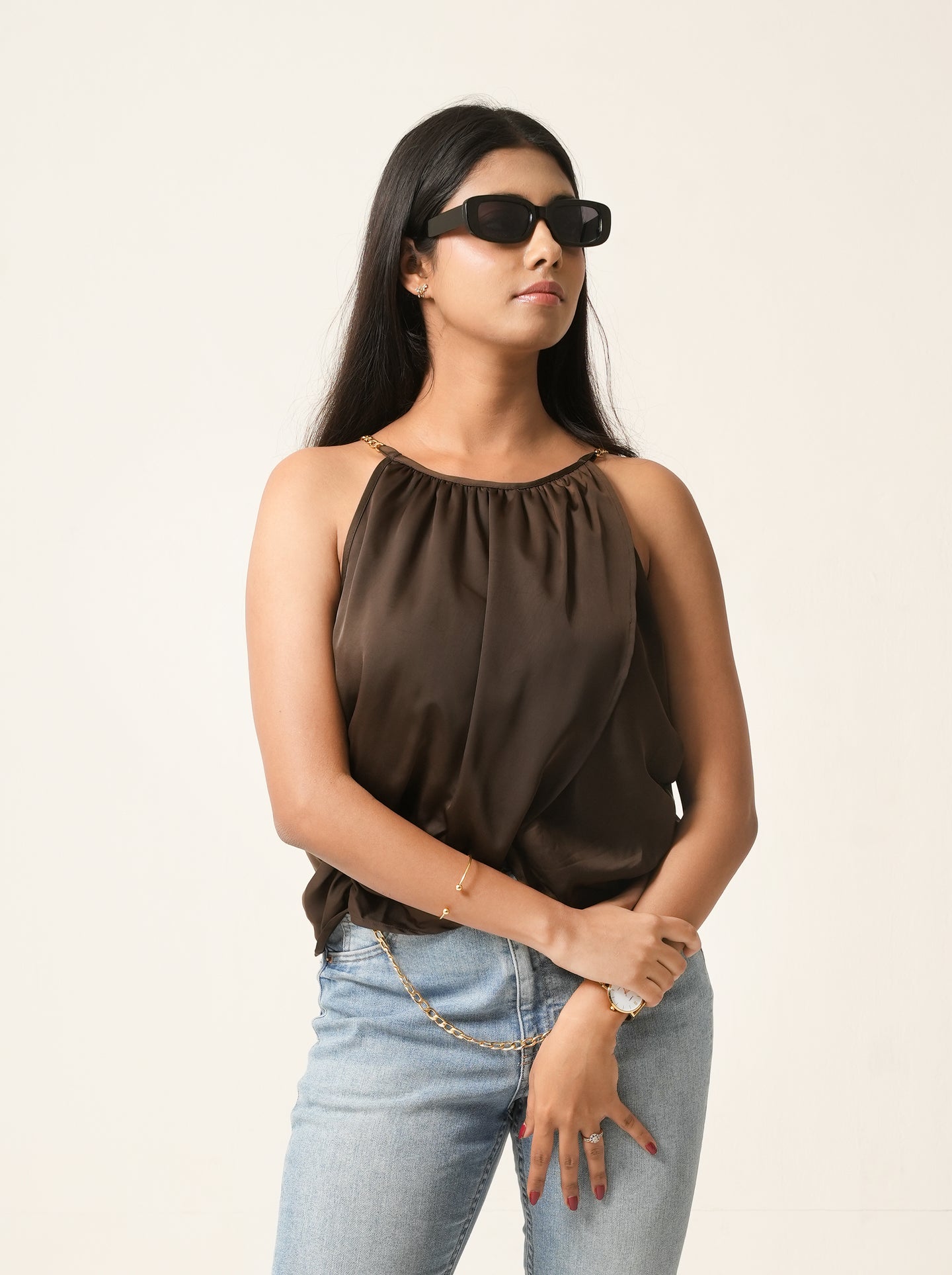 Espresso Satin Chain Strap Party Top