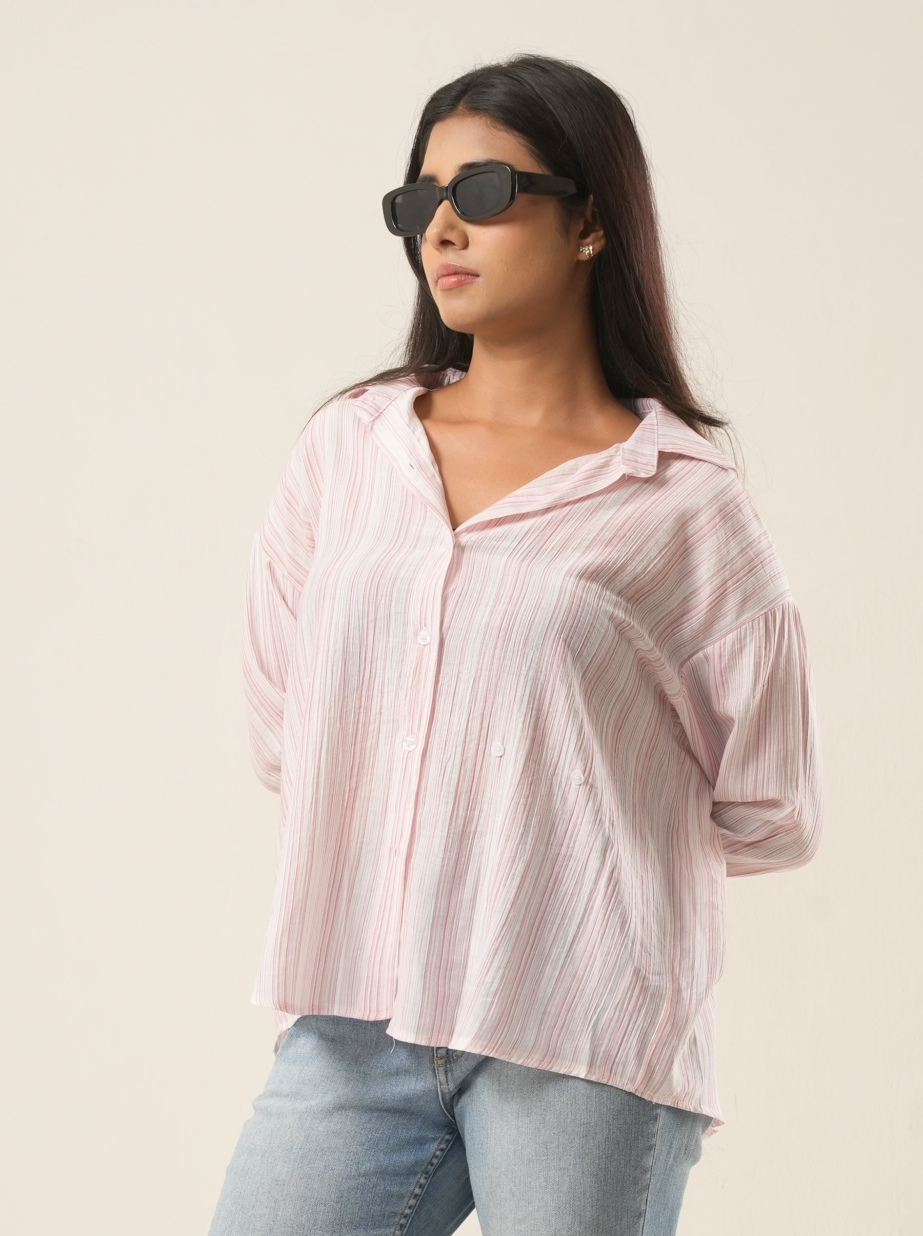 Soft Pink Cinched Waist Cotton Shirt