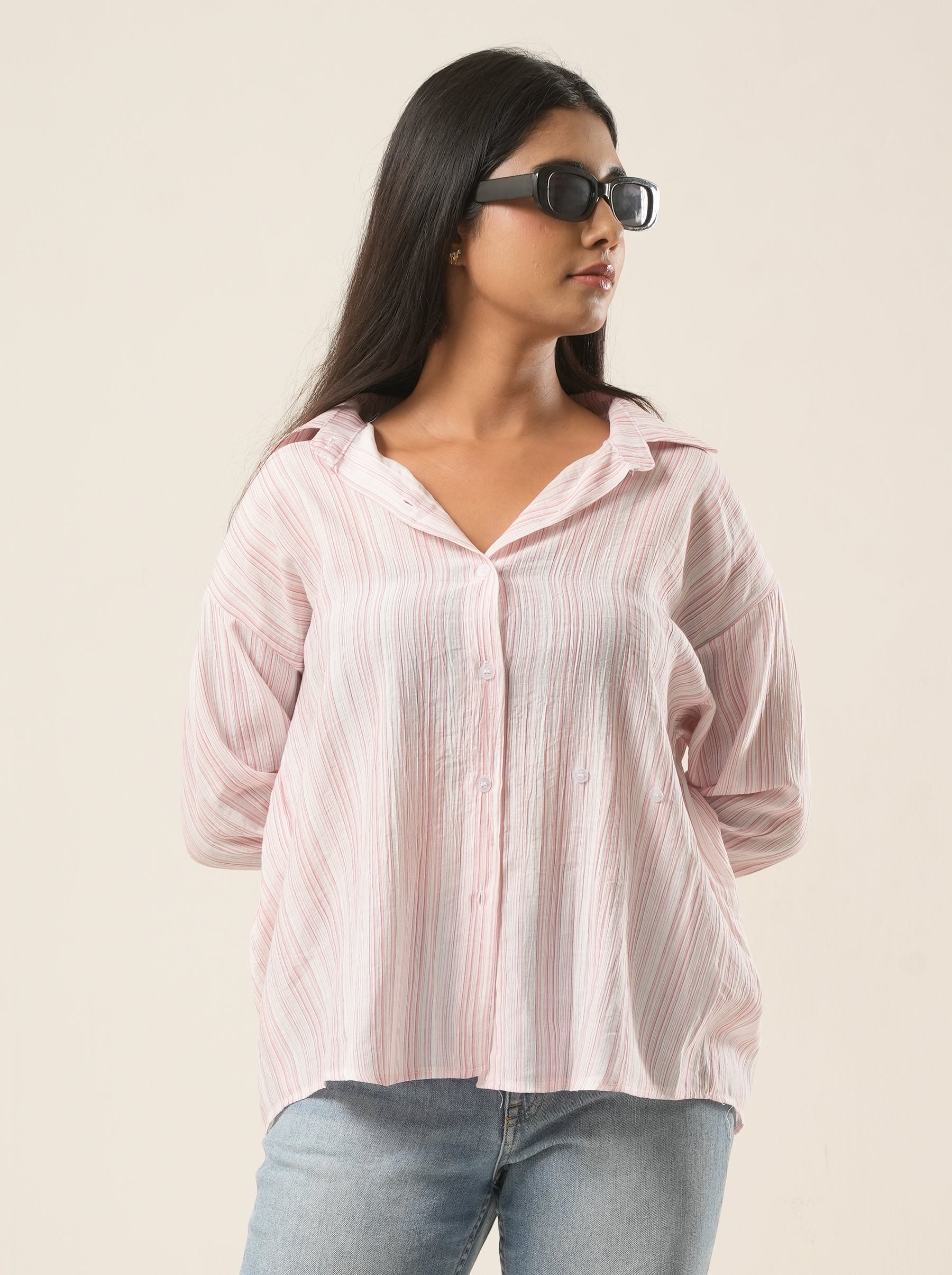 Soft Pink Cinched Waist Cotton Shirt