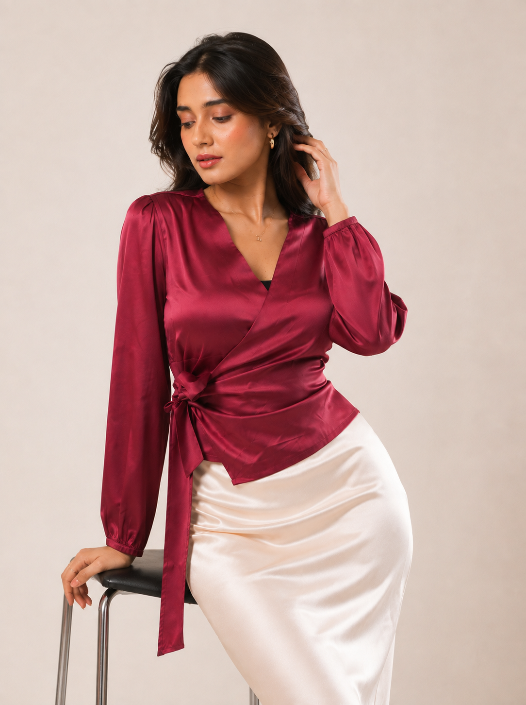 Cherry Satin Wrap Top
