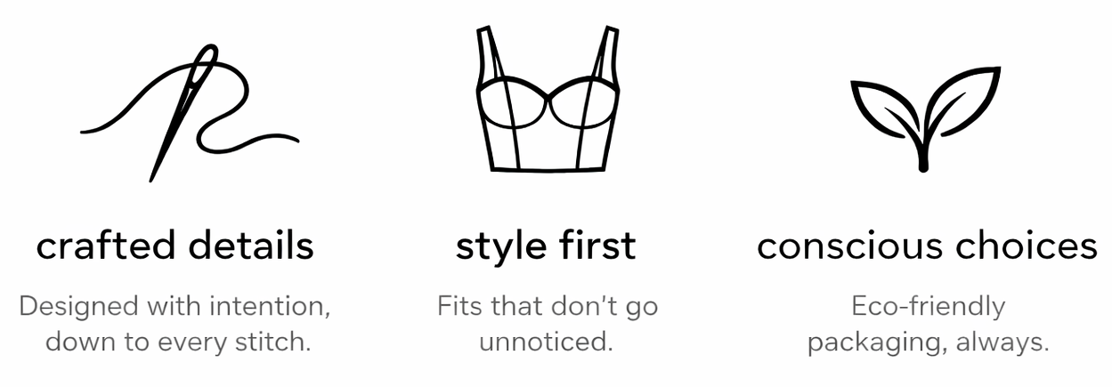 Three icons with text describing brand values on a white background